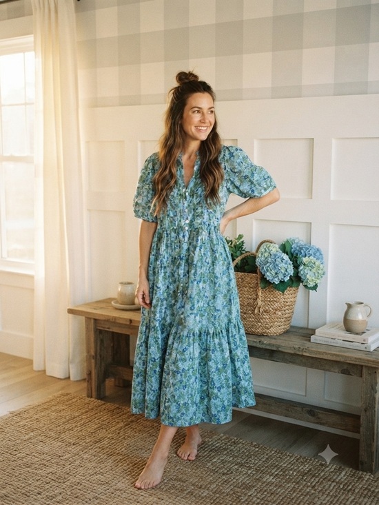 Citrus Dresses & Skirts - Cotton Blue Floral Tiered Maxi Dress with Puff Sleeves Large